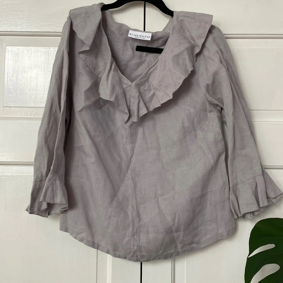 bryn WALKER Linen V-Neck Flutter Bell Sleeve Top Muted Clay Gray Boxy Lagenlook - Picture 1 of 7